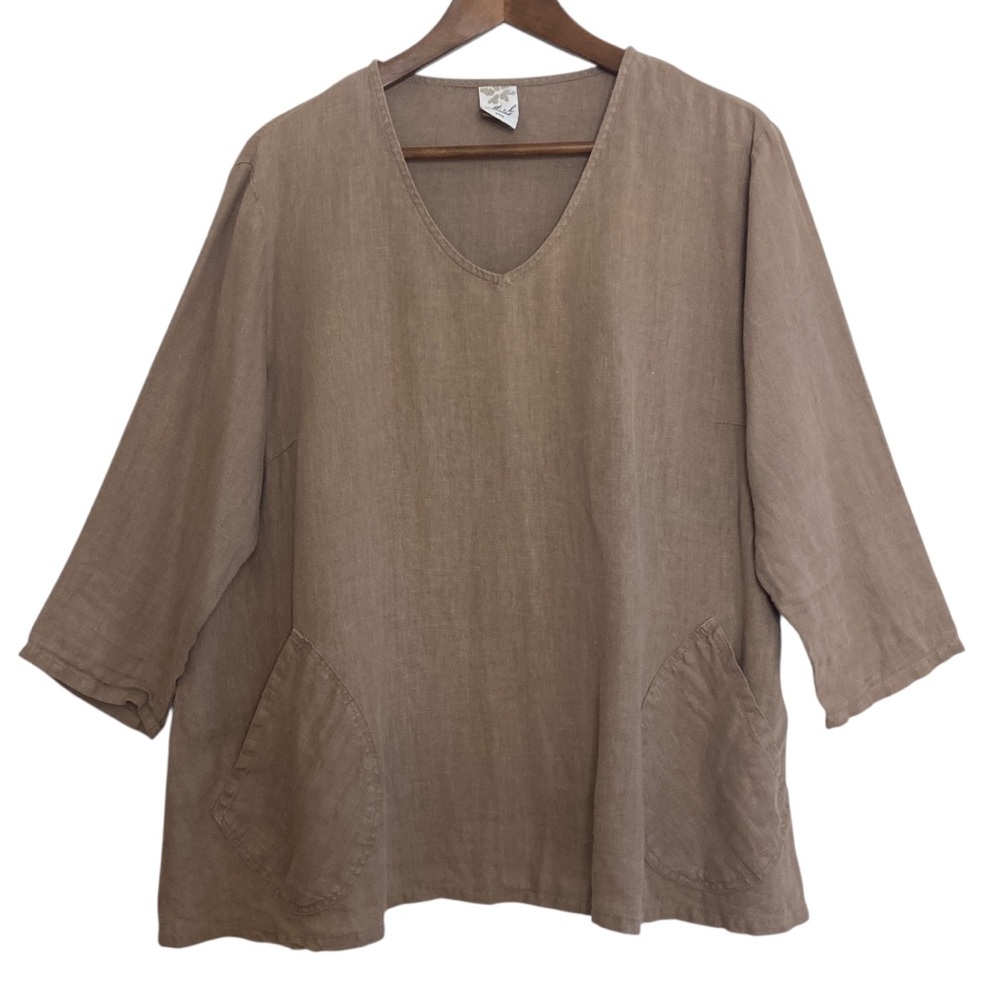 Match Point USA Top Womens Medium Beige Linen Relaxed Fit Pockets 3/4 Sleeve